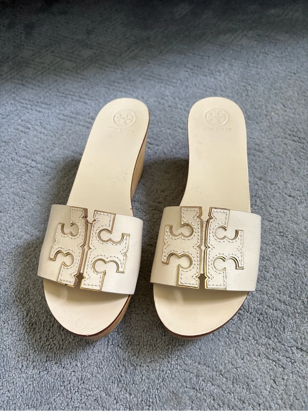 Tory Burch Cream Leather Slide Mules with Signature Logo